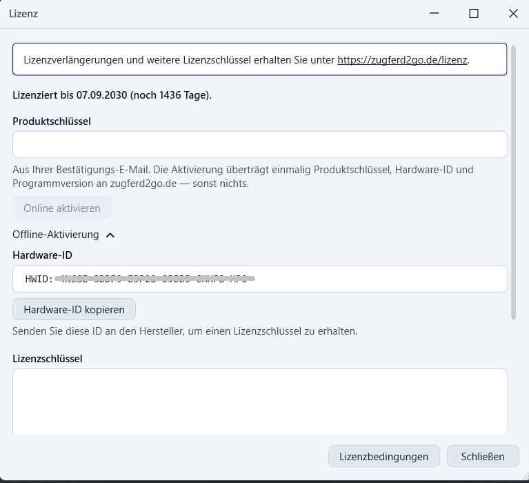 Das Lizenzfenster mit dem Feld „Produktschlüssel“, der Schaltfläche „Online aktivieren“ und dem aufgeklappten Bereich „Offline-Aktivierung“ mit der Hardware-ID.